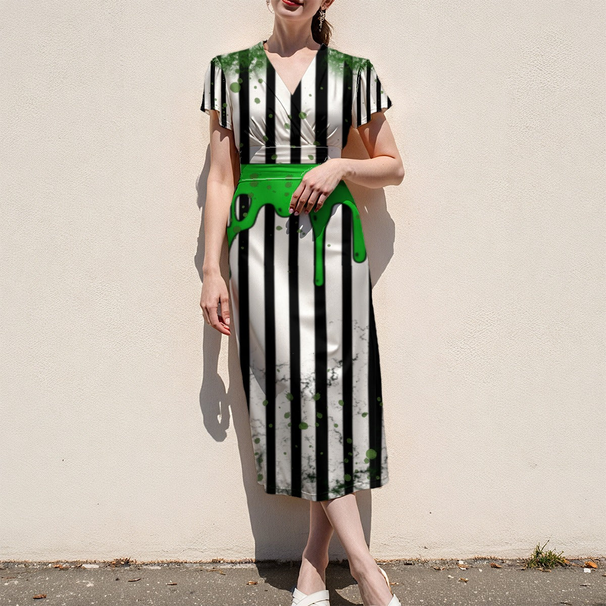 Beetle Gross V-Neck Flutter Sleeve Midi Dress