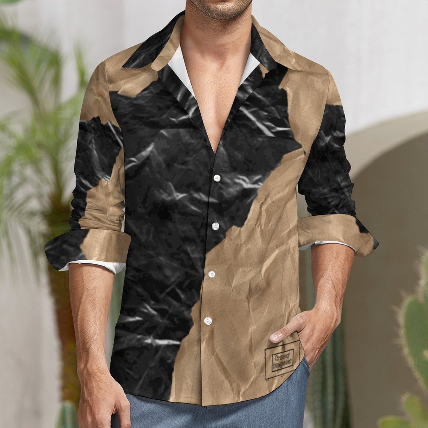Trash Geode Faux Linen Men Long Sleeve Shirt with Pocket