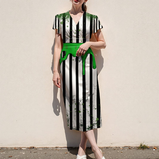 Beetle Gross V-Neck Flutter Sleeve Midi Dress