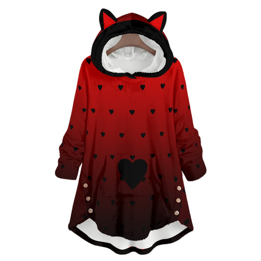 Crimson Kitty Flannel Hoodie with Cat Ears